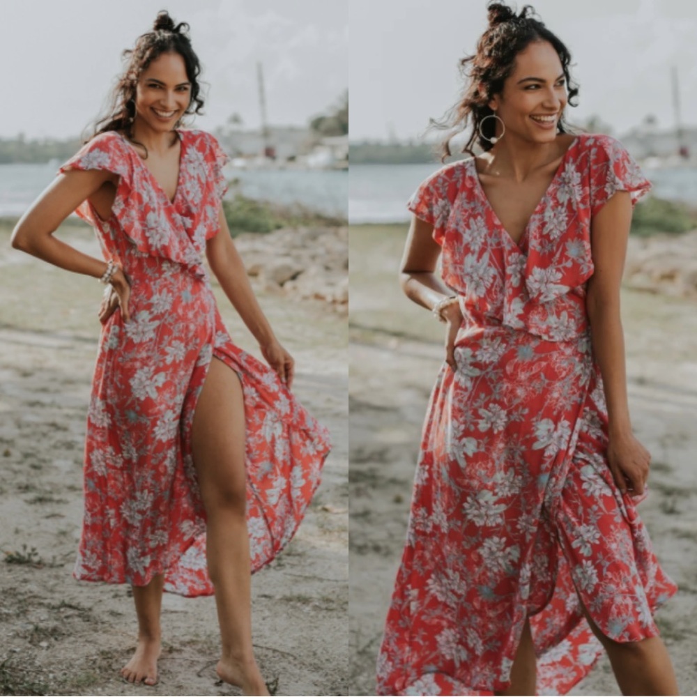 Sea Lustre Boho Red Wrap Style Maxi Dress Size L/XL